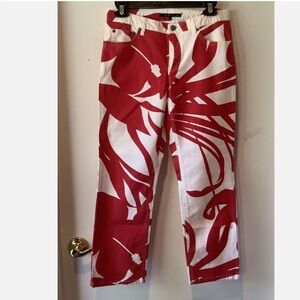 Theory White Red Floral Multicolor Cotton Summer Dressy Pants Low Rise